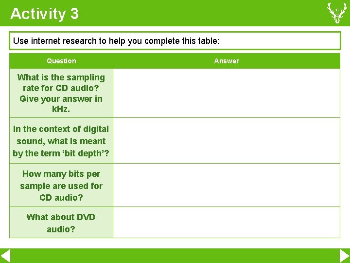 Activity 3 Use internet research to help you complete this table: Question What is