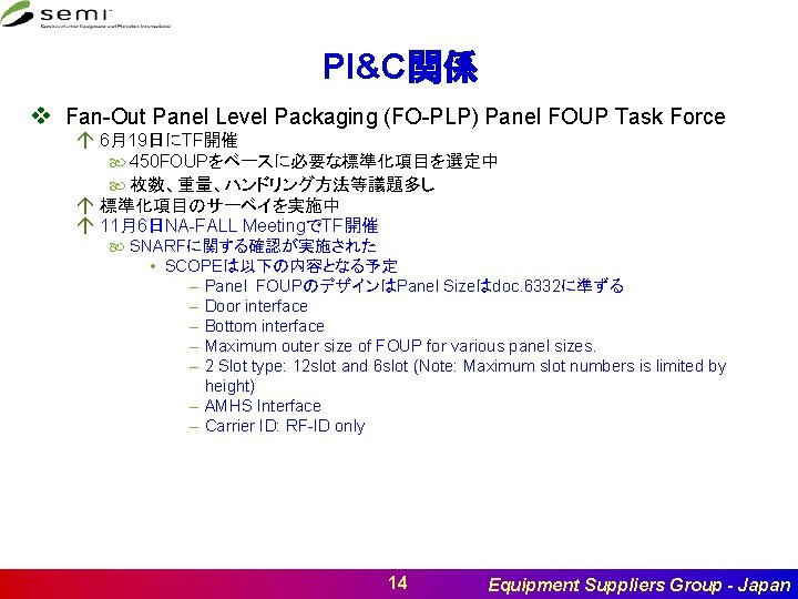 PI&C関係 v Fan-Out Panel Level Packaging (FO-PLP) Panel FOUP Task Force á 6月19日にTF開催 450