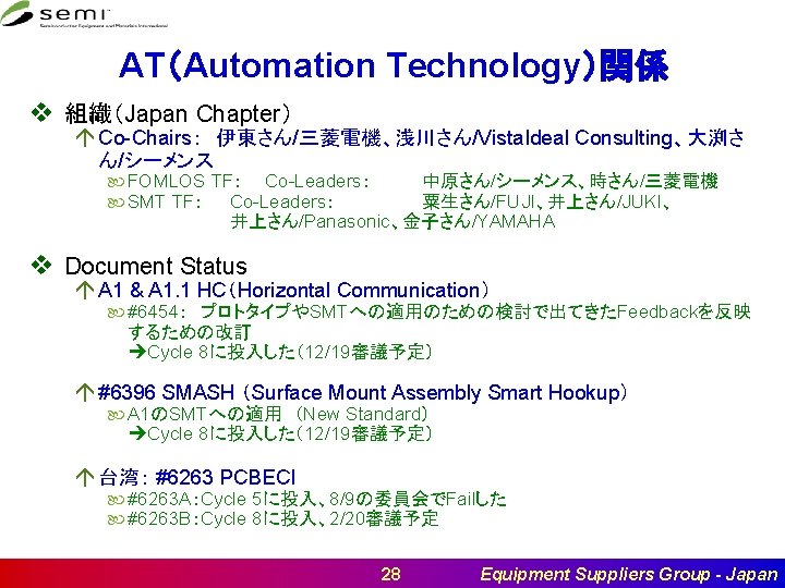 AT（Automation Technology）関係 v 組織（Japan Chapter） á Co-Chairs：　伊東さん/三菱電機、浅川さん/Vista. Ideal Consulting、大渕さ ん/シーメンス FOMLOS TF： Co-Leaders：　 SMT