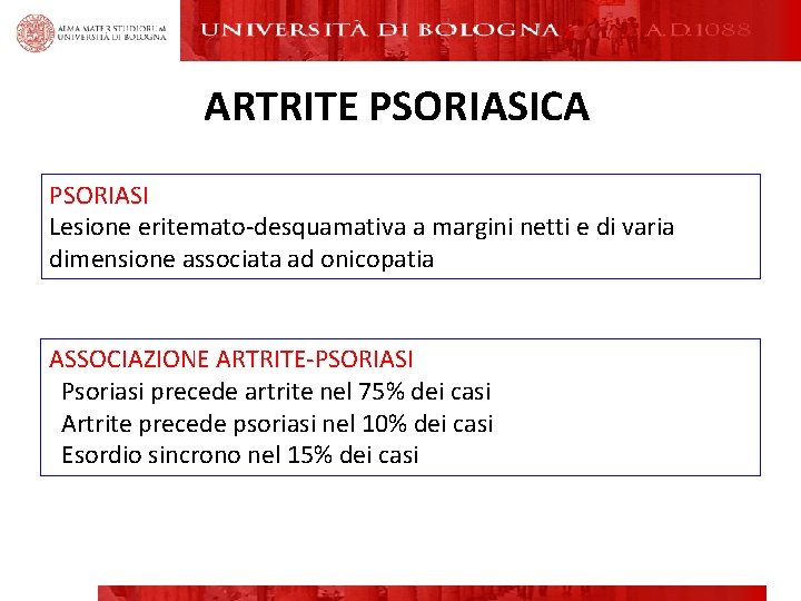 ARTRITE PSORIASICA PSORIASI Lesione eritemato-desquamativa a margini netti e di varia dimensione associata ad ARTRITE PSORIASICA PSORIASI Lesione eritemato-desquamativa a margini netti e di varia dimensione associata ad