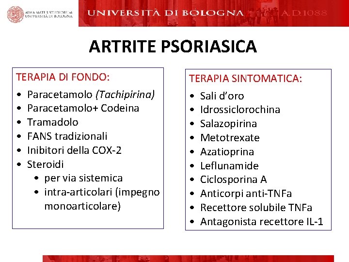 ARTRITE PSORIASICA TERAPIA DI FONDO: • Paracetamolo (Tachipirina) • Paracetamolo+ Codeina • Tramadolo • ARTRITE PSORIASICA TERAPIA DI FONDO: • Paracetamolo (Tachipirina) • Paracetamolo+ Codeina • Tramadolo •