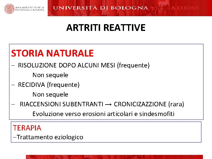 ARTRITI REATTIVE STORIA NATURALE – RISOLUZIONE DOPO ALCUNI MESI (frequente) Non sequele – RECIDIVA ARTRITI REATTIVE STORIA NATURALE – RISOLUZIONE DOPO ALCUNI MESI (frequente) Non sequele – RECIDIVA