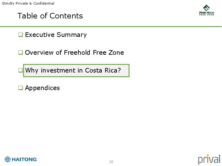 Strictly Private & Confidential Table of Contents q Executive Summary q Overview of Freehold