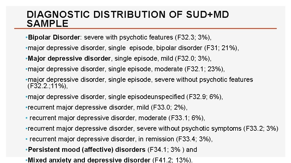 DIAGNOSTIC DISTRIBUTION OF SUD+MD SAMPLE • Bipolar Disorder: severe with psychotic features (F 32.