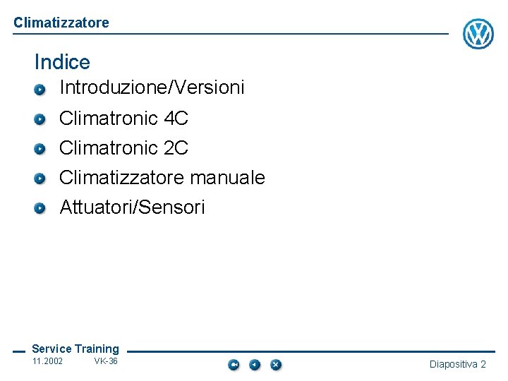 Climatizzatore Indice Introduzione/Versioni Climatronic 4 C Climatronic 2 C Climatizzatore manuale Attuatori/Sensori Service Training