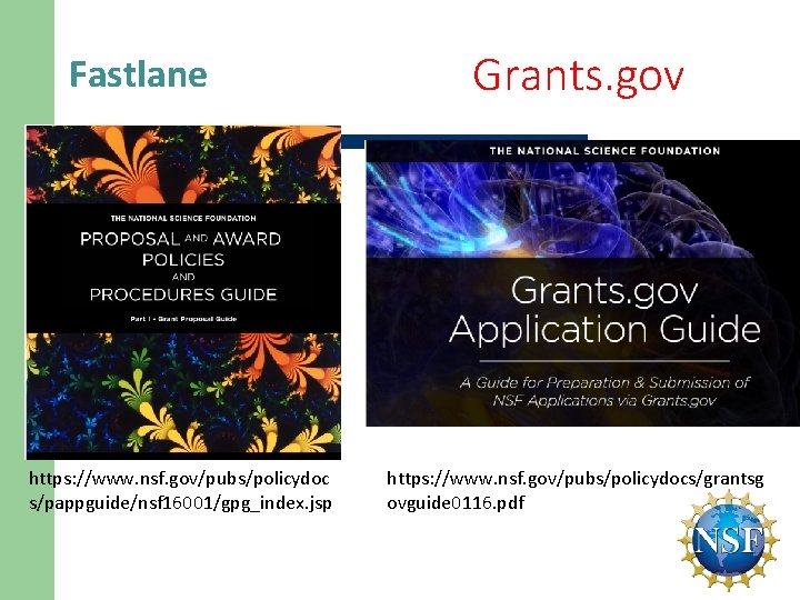 Fastlane https: //www. nsf. gov/pubs/policydoc s/pappguide/nsf 16001/gpg_index. jsp Grants. gov https: //www. nsf. gov/pubs/policydocs/grantsg