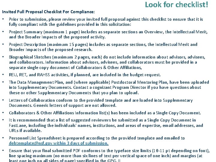 Invited Full Proposal Checklist For Compliance: Look for checklist! • Prior to submission, please