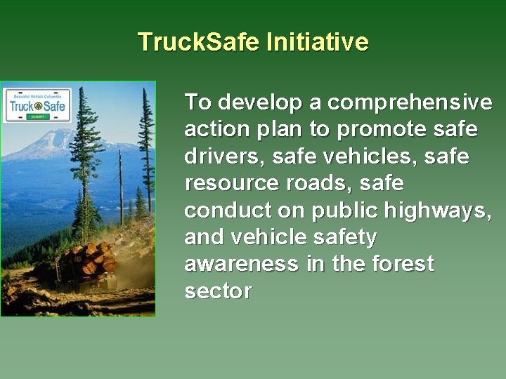 Truck. Safe Initiative To develop a comprehensive action plan to promote safe drivers, safe