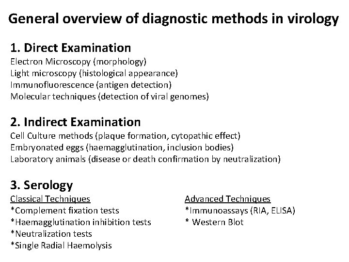 General overview of diagnostic methods in virology 1. Direct Examination Electron Microscopy (morphology) Light
