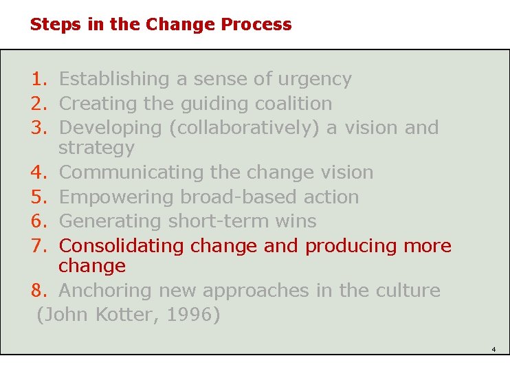 Steps in the Change Process 1. Establishing a sense of urgency 2. Creating the