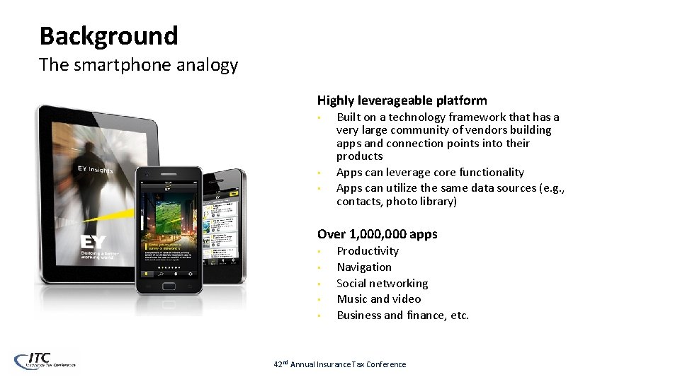 Background The smartphone analogy Highly leverageable platform • • • Built on a technology