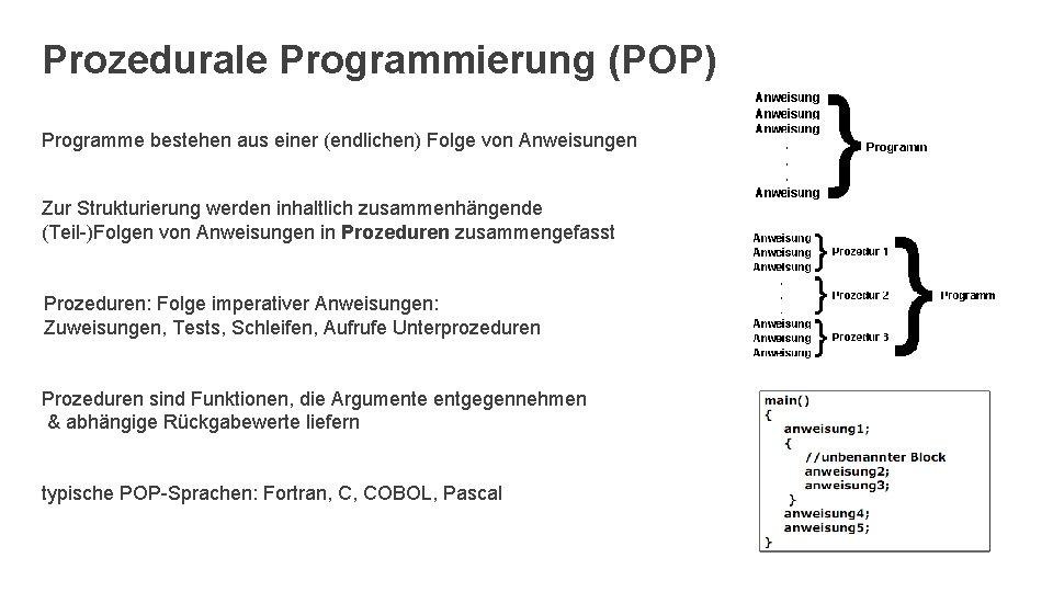 Prozedurale Programmierung (POP) Programme bestehen aus einer (endlichen) Folge von Anweisungen Zur Strukturierung werden