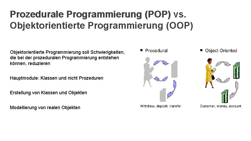 Prozedurale Programmierung (POP) vs. Objektorientierte Programmierung (OOP) Objektorientierte Programmierung soll Schwierigkeiten, die bei der