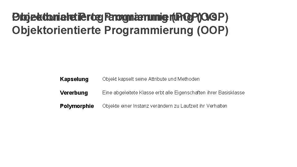 Objektorientierte Programmierung Prozedurale Programmierung (POP)(OOP) vs. Objektorientierte Programmierung (OOP) Kapselung Objekt kapselt seine Attribute