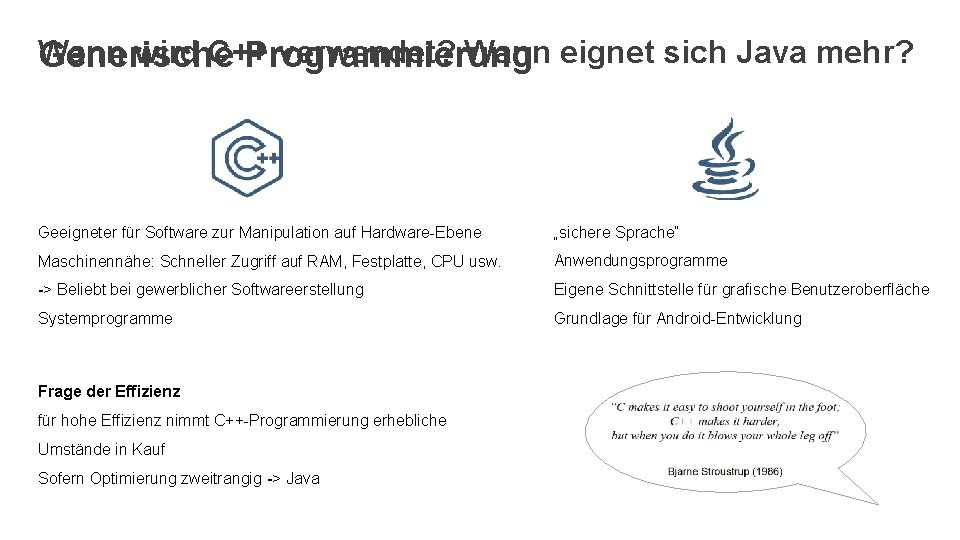 Wann wird C++ verwendet? Wann eignet sich Java mehr? Generische Programmierung Geeigneter für Software