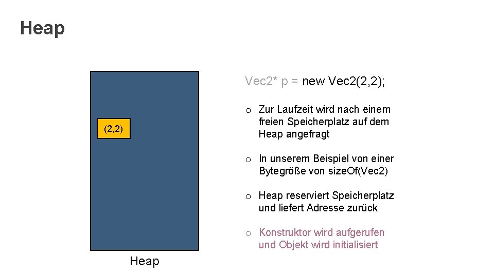 Heap Vec 2* p = new Vec 2(2, 2); o Zur Laufzeit wird nach