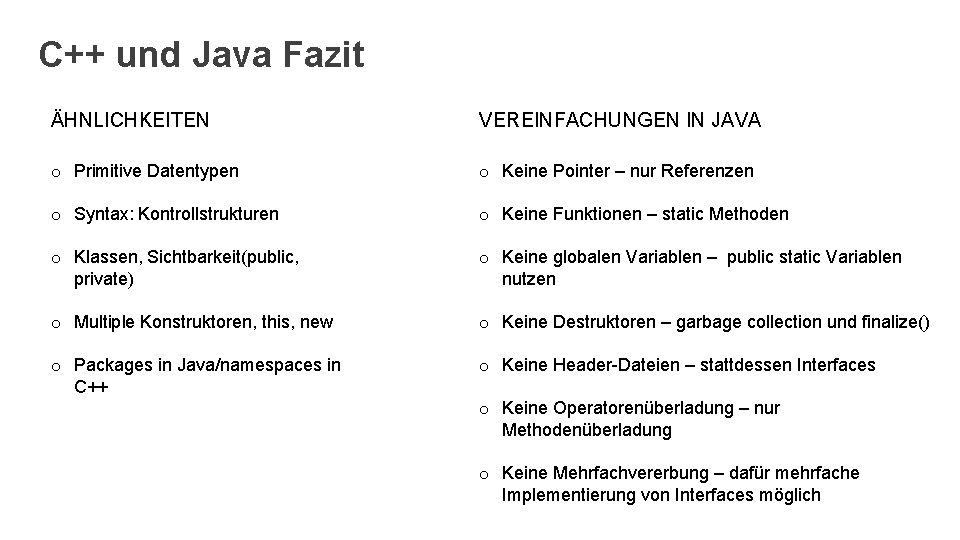 C++ und Java Fazit ÄHNLICHKEITEN VEREINFACHUNGEN IN JAVA o Primitive Datentypen o Keine Pointer