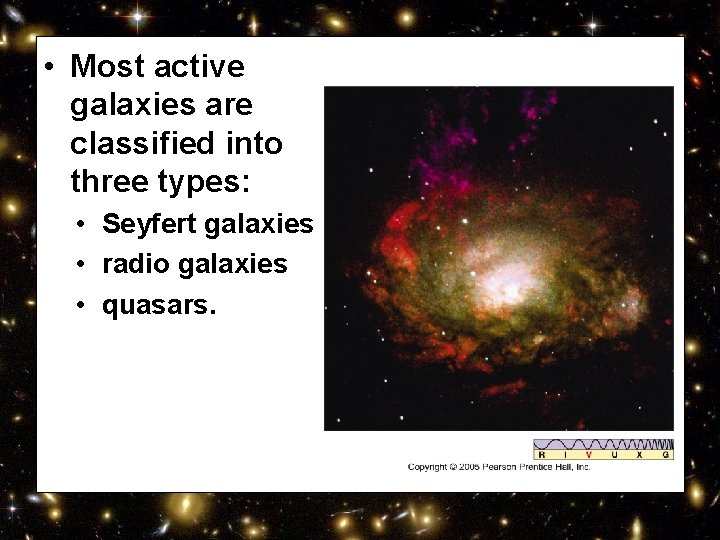  • Most active galaxies are classified into three types: • Seyfert galaxies •