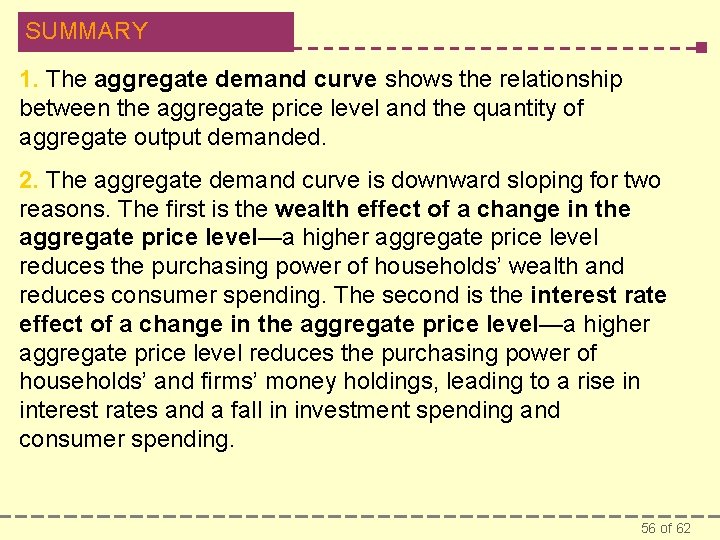 SUMMARY 1. The aggregate demand curve shows the relationship between the aggregate price level