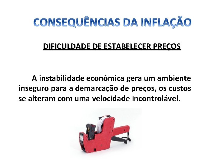 DIFICULDADE DE ESTABELECER PREÇOS A instabilidade econômica gera um ambiente inseguro para a demarcação