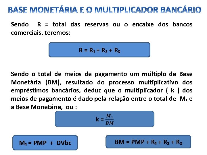 Sendo R = total das reservas ou o encaixe dos bancos comerciais, teremos: R