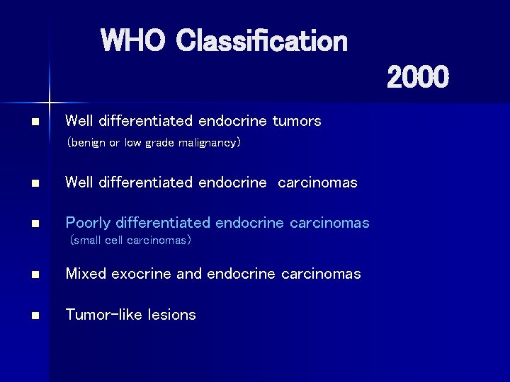  WHO Classification 2000 n Well differentiated endocrine tumors (benign or low grade malignancy)