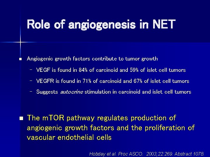 Role of angiogenesis in NET n Angiogenic growth factors contribute to tumor growth –