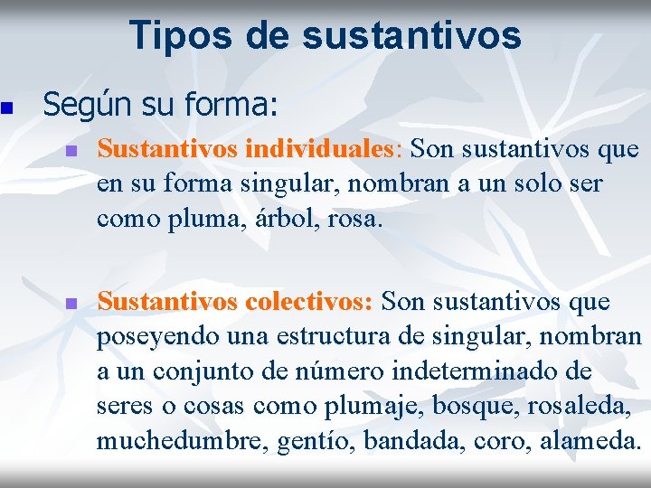 n Tipos de sustantivos Según su forma: n n Sustantivos individuales: Son sustantivos que