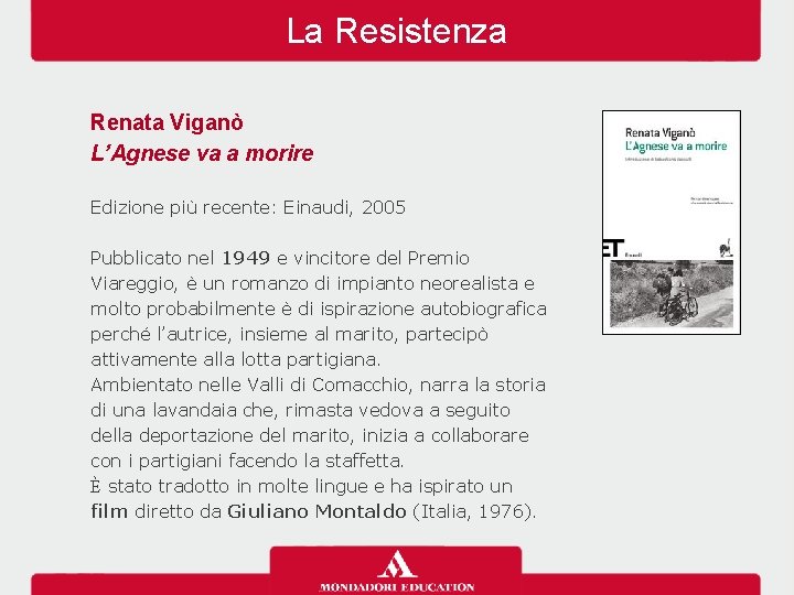 La Resistenza Renata Viganò L’Agnese va a morire Edizione più recente: Einaudi, 2005 Pubblicato