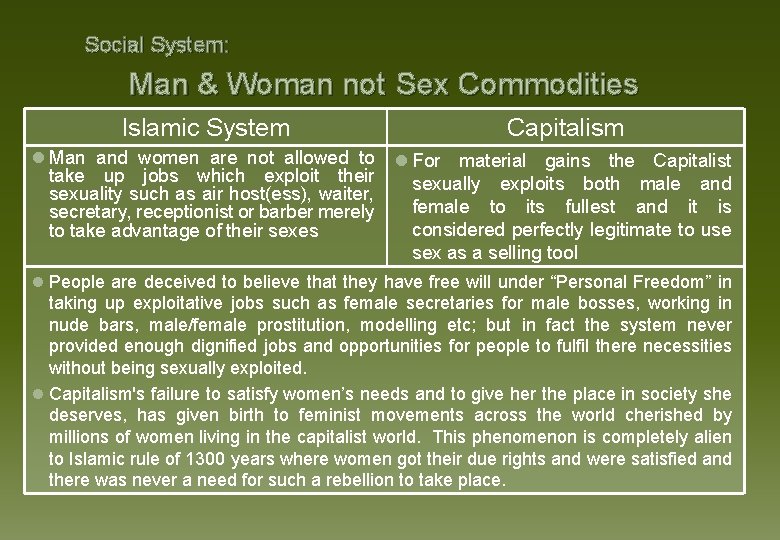Social System: Man & Woman not Sex Commodities Islamic System Capitalism l Man and