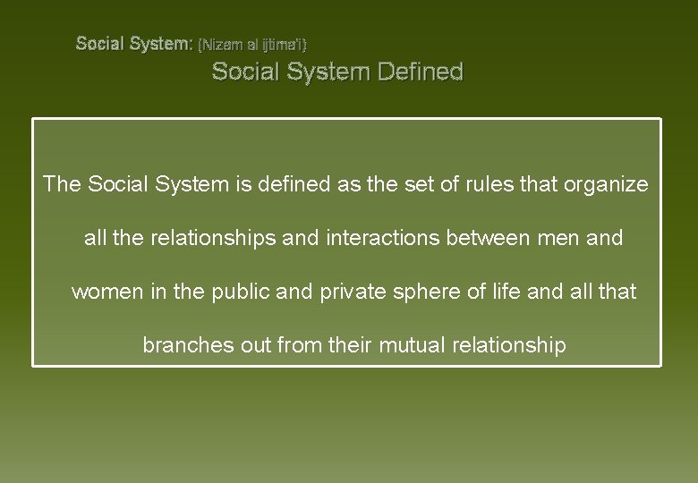 Social System: (Nizam al ijtima‘i) Social System Defined The Social System is defined as