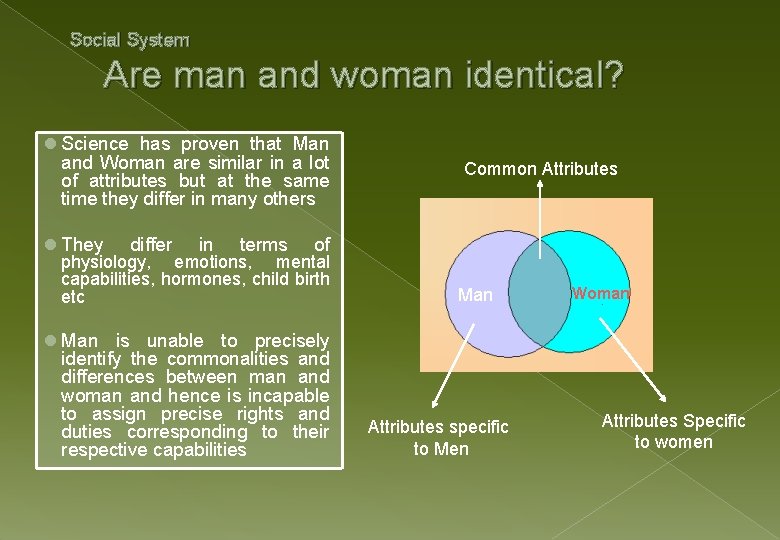 Social System Are man and woman identical? l Science has proven that Man and
