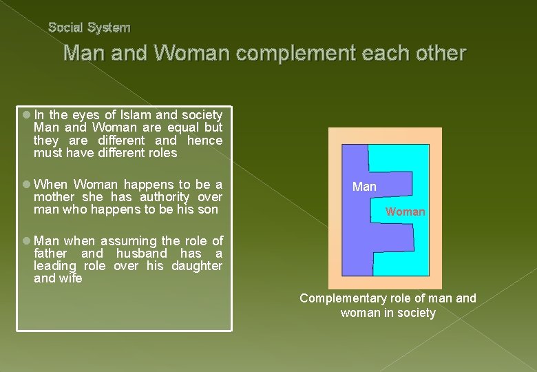 Social System Man and Woman complement each other l In the eyes of Islam