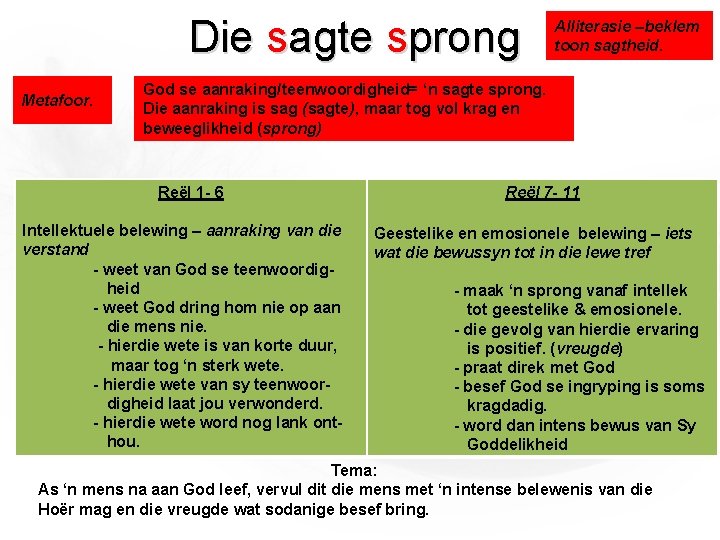 Die sagte sprong Metafoor. Alliterasie –beklem toon sagtheid. God se aanraking/teenwoordigheid= ‘n sagte sprong.