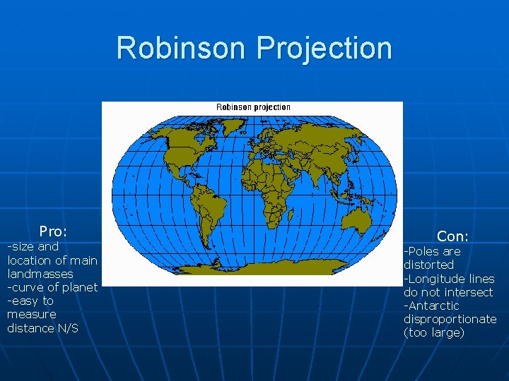 Robinson Projection Pro: -size and location of main landmasses -curve of planet -easy to