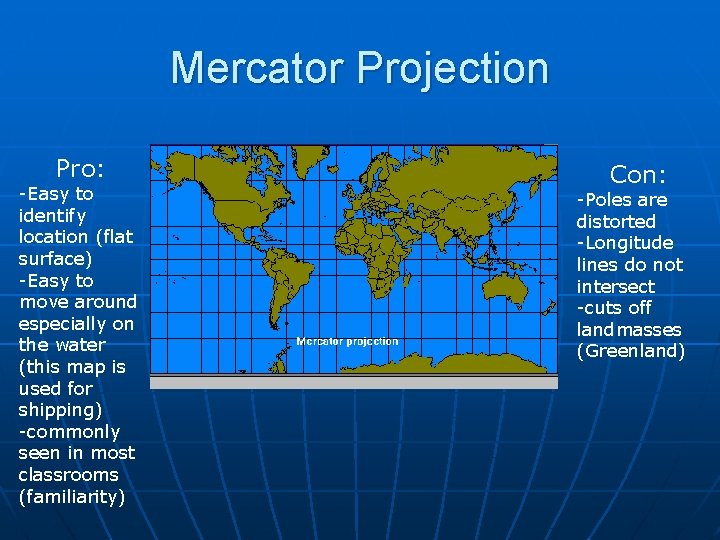 Mercator Projection Pro: -Easy to identify location (flat surface) -Easy to move around especially