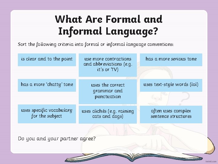 What Are Formal and Informal Language? Sort the following criteria into formal or informal