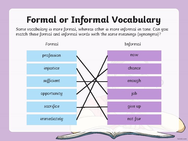 Formal or Informal Vocabulary Some vocabulary is more formal, whereas other is more informal