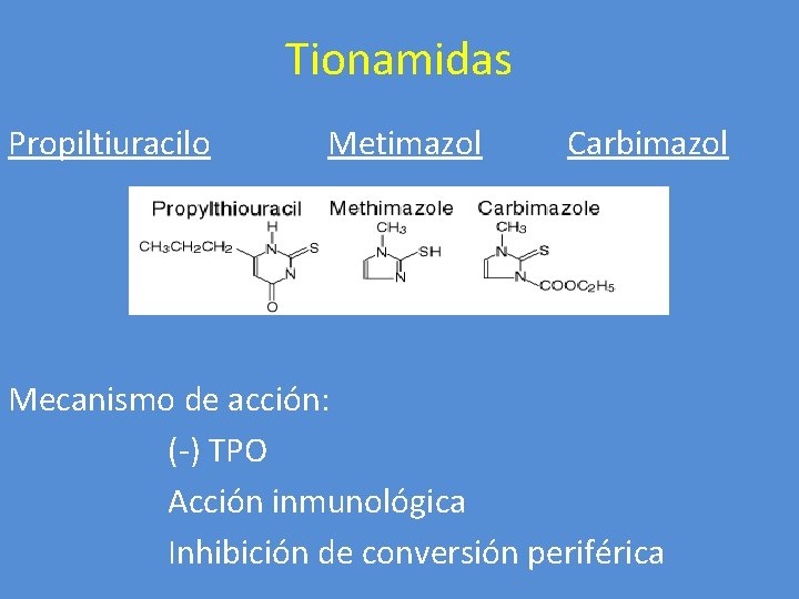 Tionamidas Propiltiuracilo Metimazol Carbimazol Mecanismo de acción: (-) TPO Acción inmunológica Inhibición de conversión