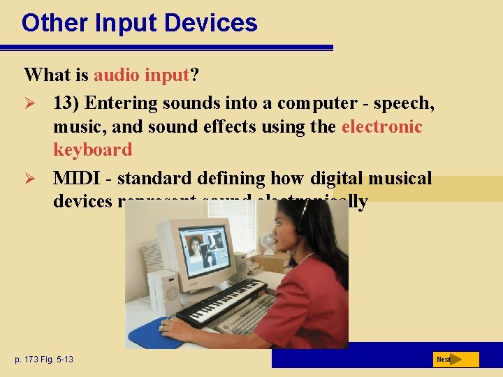 Other Input Devices What is audio input? Ø 13) Entering sounds into a computer