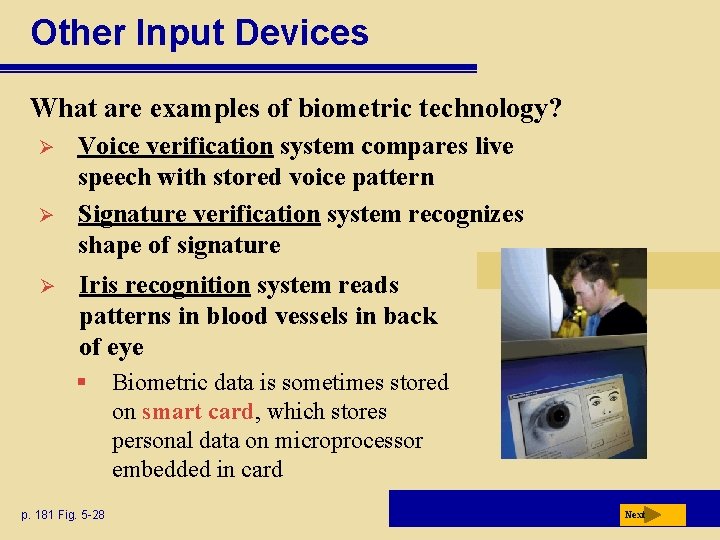 Other Input Devices What are examples of biometric technology? Ø Ø Ø Voice verification