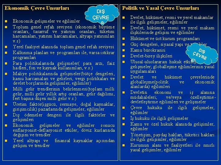 Ekonomik Çevre Unsurları n n n DIŞ ÇEVRE Ekonomik gelişmeler ve eğilimler Toplum genel