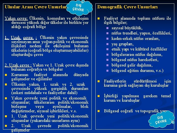 Uluslar Arası Çevre Unsurları DIŞ ÇEVRE Yakın çevre: Ülkenin, komşuları ve etkileşim derecesi yüksek