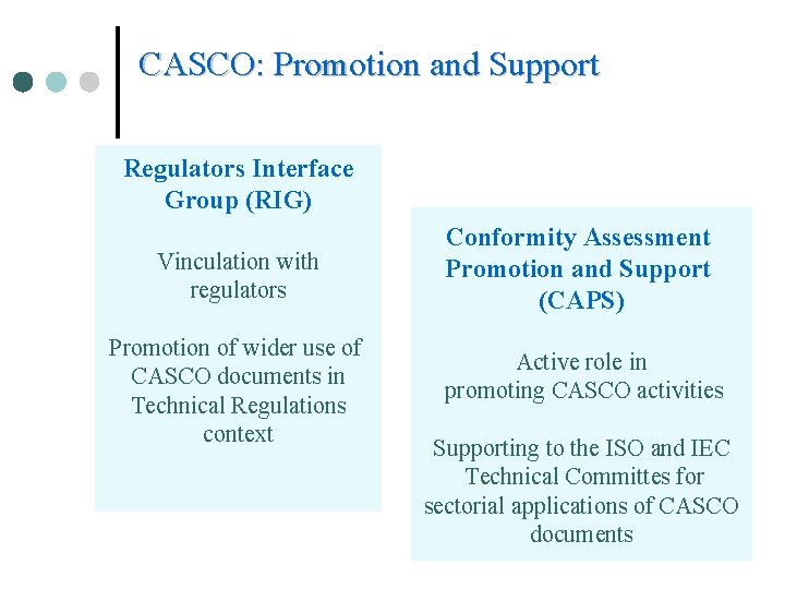 CASCO: Promotion and Support Regulators Interface Group (RIG) Vinculation with regulators Promotion of wider CASCO: Promotion and Support Regulators Interface Group (RIG) Vinculation with regulators Promotion of wider