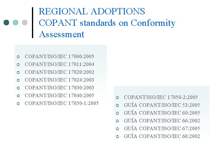 REGIONAL ADOPTIONS COPANT standards on Conformity Assessment ¢ ¢ ¢ ¢ COPANT/ISO/IEC 17000: 2005 REGIONAL ADOPTIONS COPANT standards on Conformity Assessment ¢ ¢ ¢ ¢ COPANT/ISO/IEC 17000: 2005