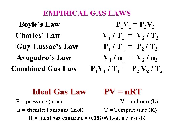 EMPIRICAL GAS LAWS Boyle’s Law P 1 V 1 = P 2 V 2 EMPIRICAL GAS LAWS Boyle’s Law P 1 V 1 = P 2 V 2