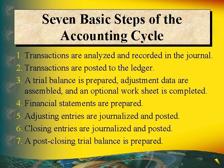 Seven Basic Steps of the Accounting Cycle 1. Transactions are analyzed and recorded in