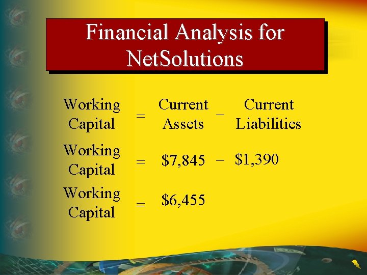 Financial Analysis for Net. Solutions Working Current – = Capital Assets Liabilities Working $7,