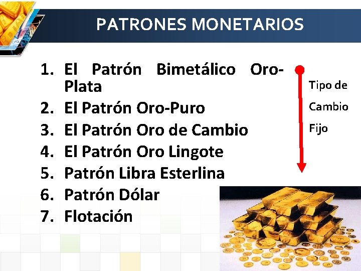 PATRONES MONETARIOS 1. El Patrón Bimetálico Oro. Plata 2. El Patrón Oro-Puro 3. El