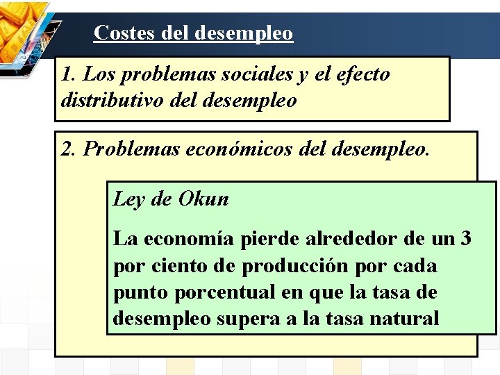 Costes del desempleo 1. Los problemas sociales y el efecto distributivo del desempleo 2.